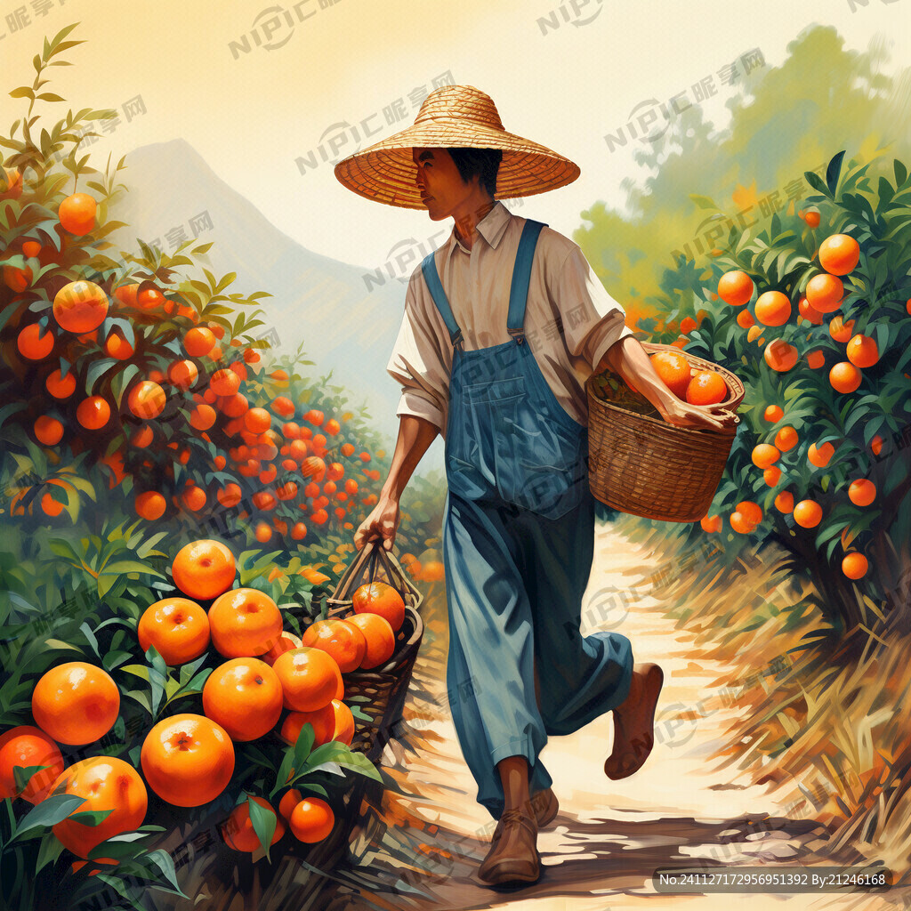 东方男性农民挑一担橙子戴草帽手