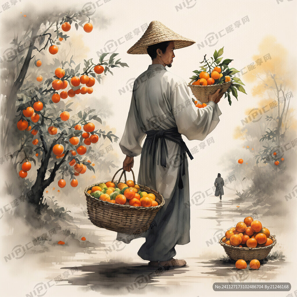 中国男性农民挑一担橙子戴草帽