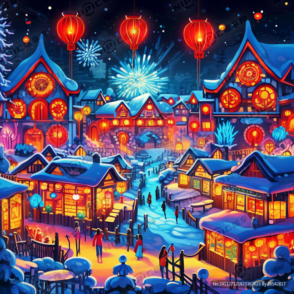 彩色雪乡灯光秀卡通图