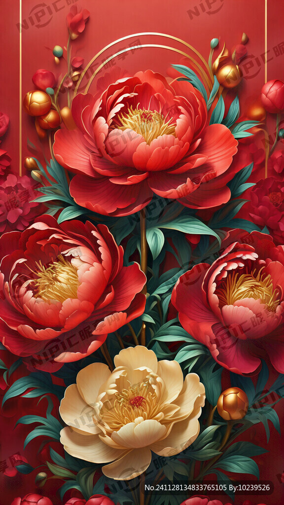 红色背景的富贵牡丹图片
