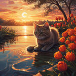 猫咪  水边 倒影 郁金香 夕阳 暖色调 阳光 花朵