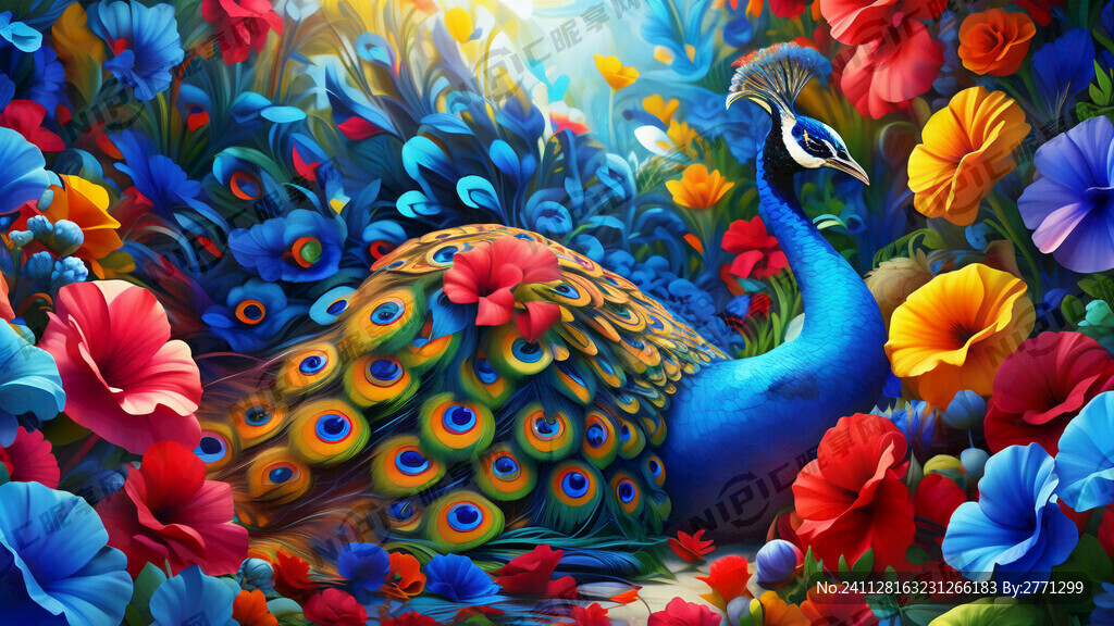 3D孔雀偏左侧卧 鲜花 花朵