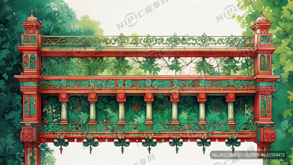 仿古建筑横梁上画的绿色红色蓝色