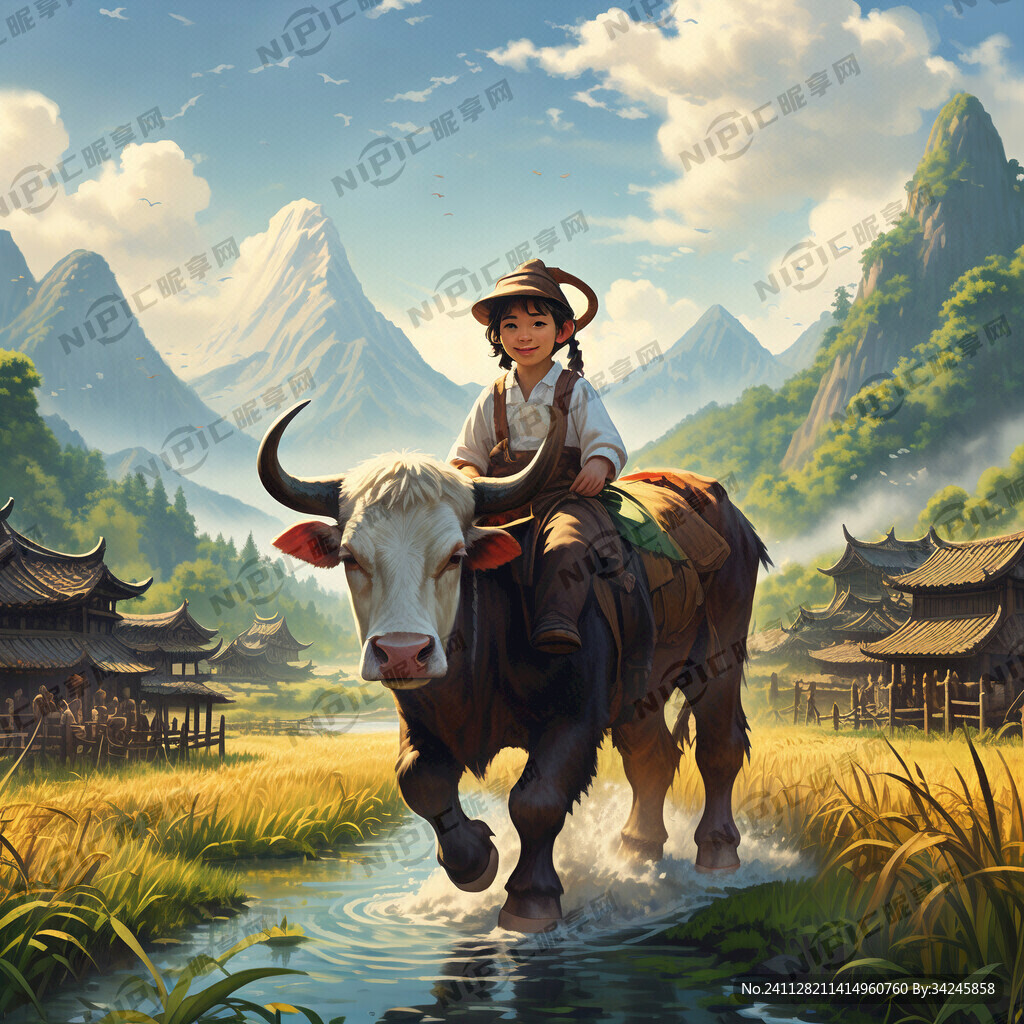 牧童骑牛 背景有稻田 水 山