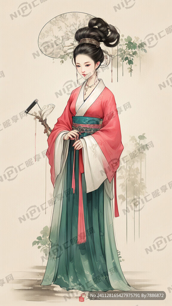古代女子 手拿圆扇 高盘发发型