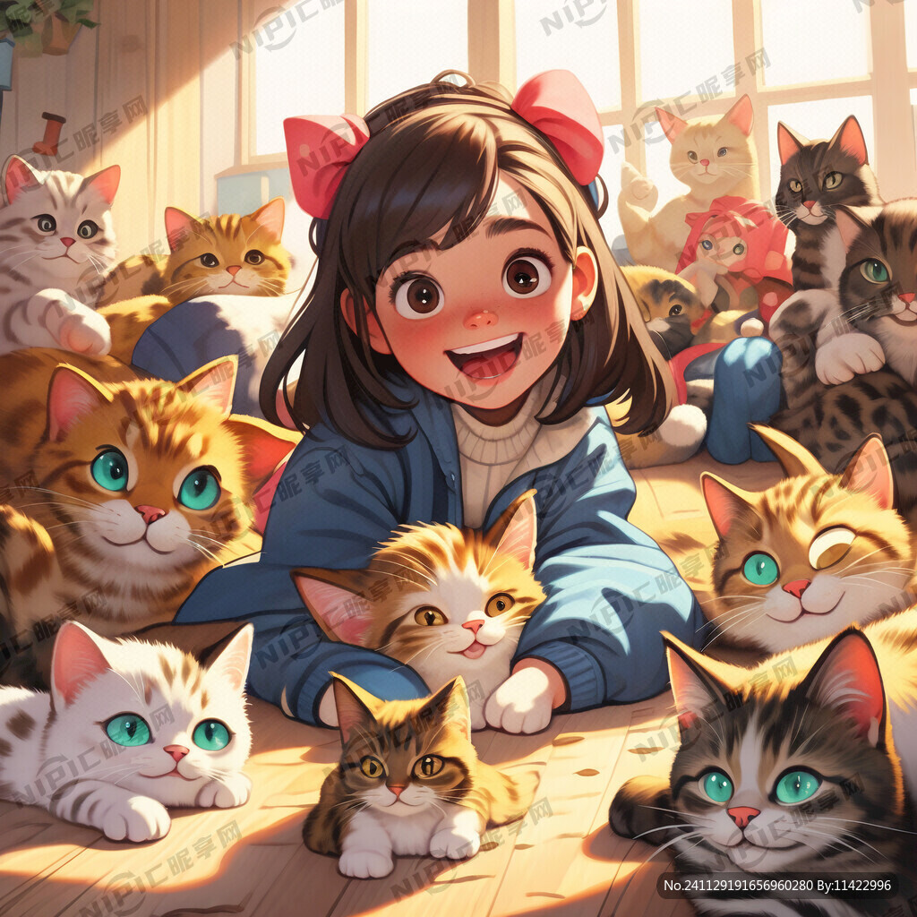 一个卡通女孩和一群猫一起趴着