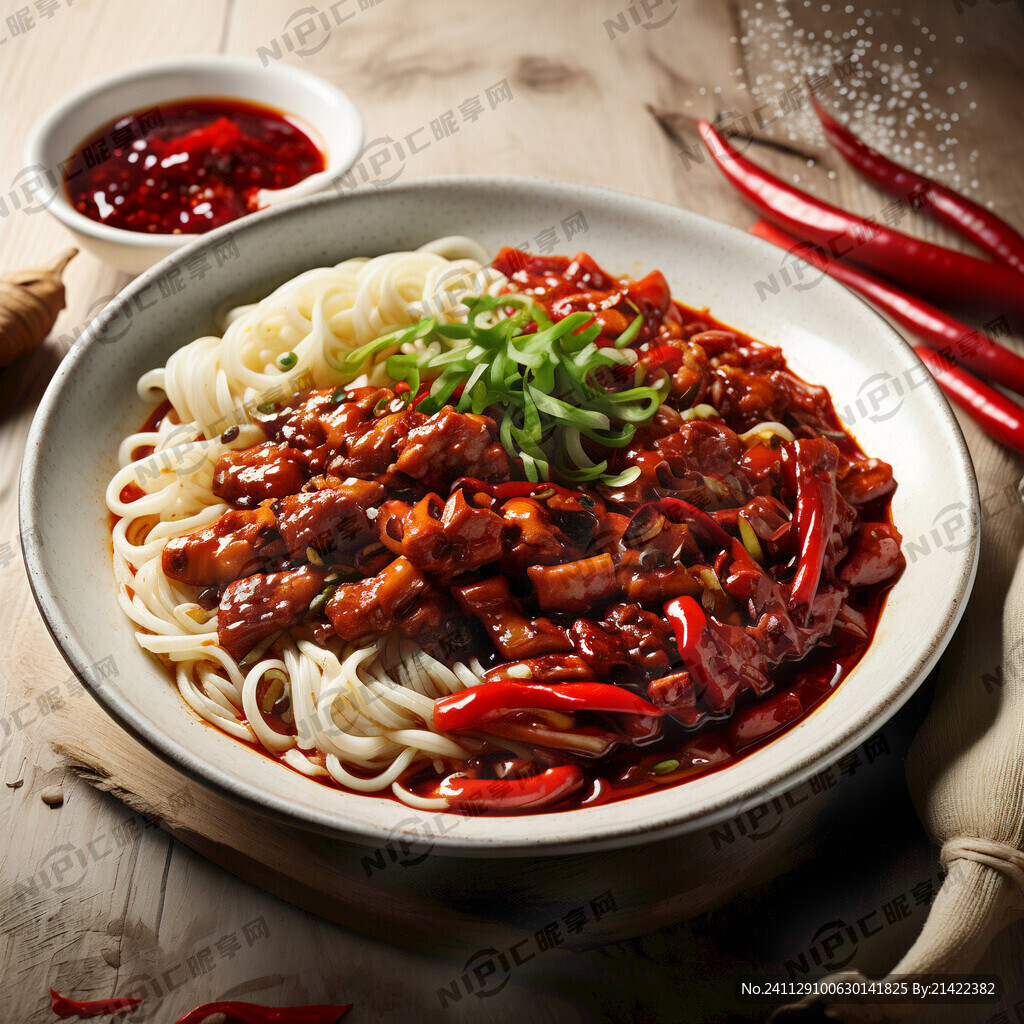 炸酱面 辣椒 葱花 红油 白盘
