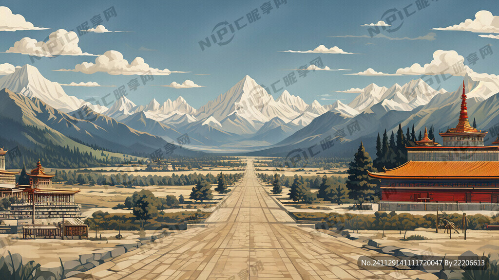 西藏风景简易插画 扁平化