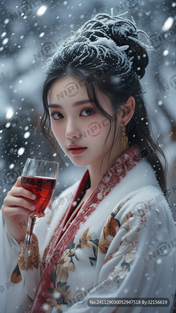 美女在雪中 左手拿酒瓶 超细节