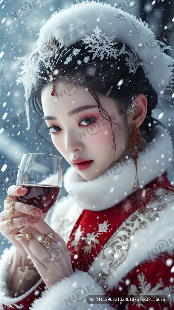 雪中美女酒概念的图片 面容精致