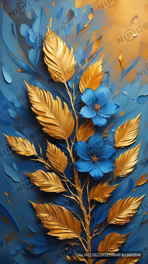 手绘艺术油画肌理质感金色叶子蓝