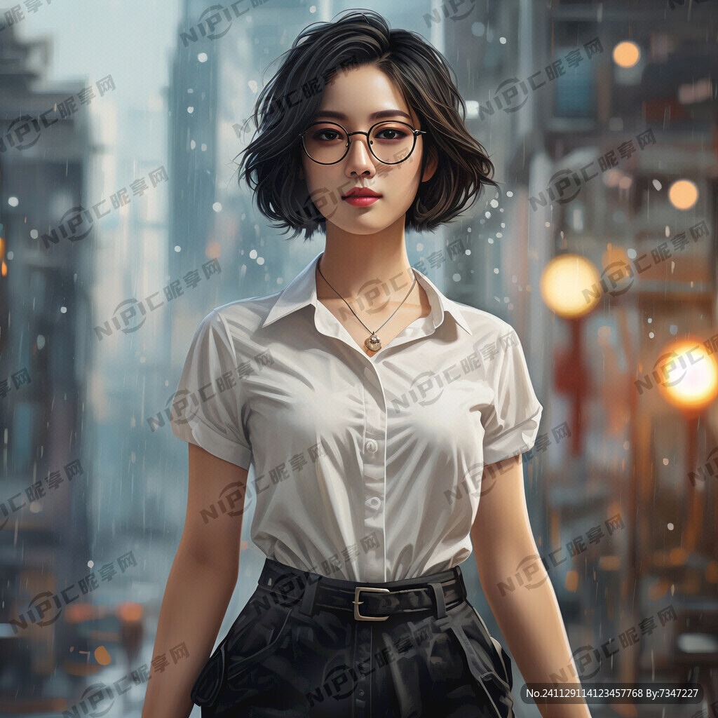 女 齐肩短发 戴眼镜 全身