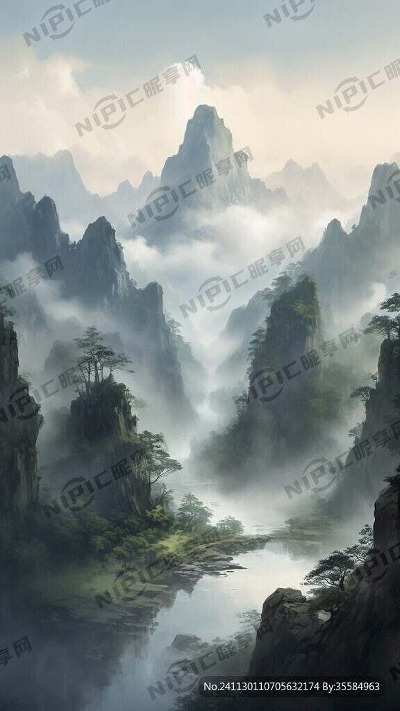 山谷 中国风 中国画 山水