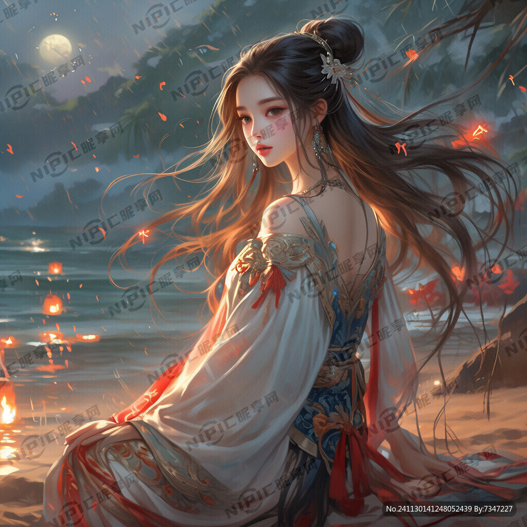 沙滩 浪漫 灯光 女神 长发
