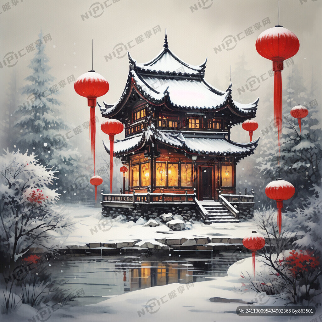 灯笼 带雪帽的雪房子