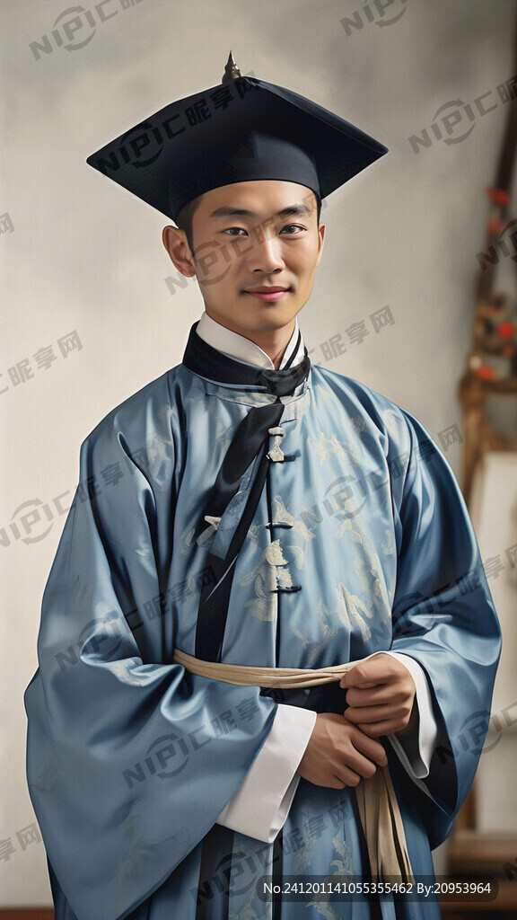 清朝乾隆年间学生装 浅蓝色衣装