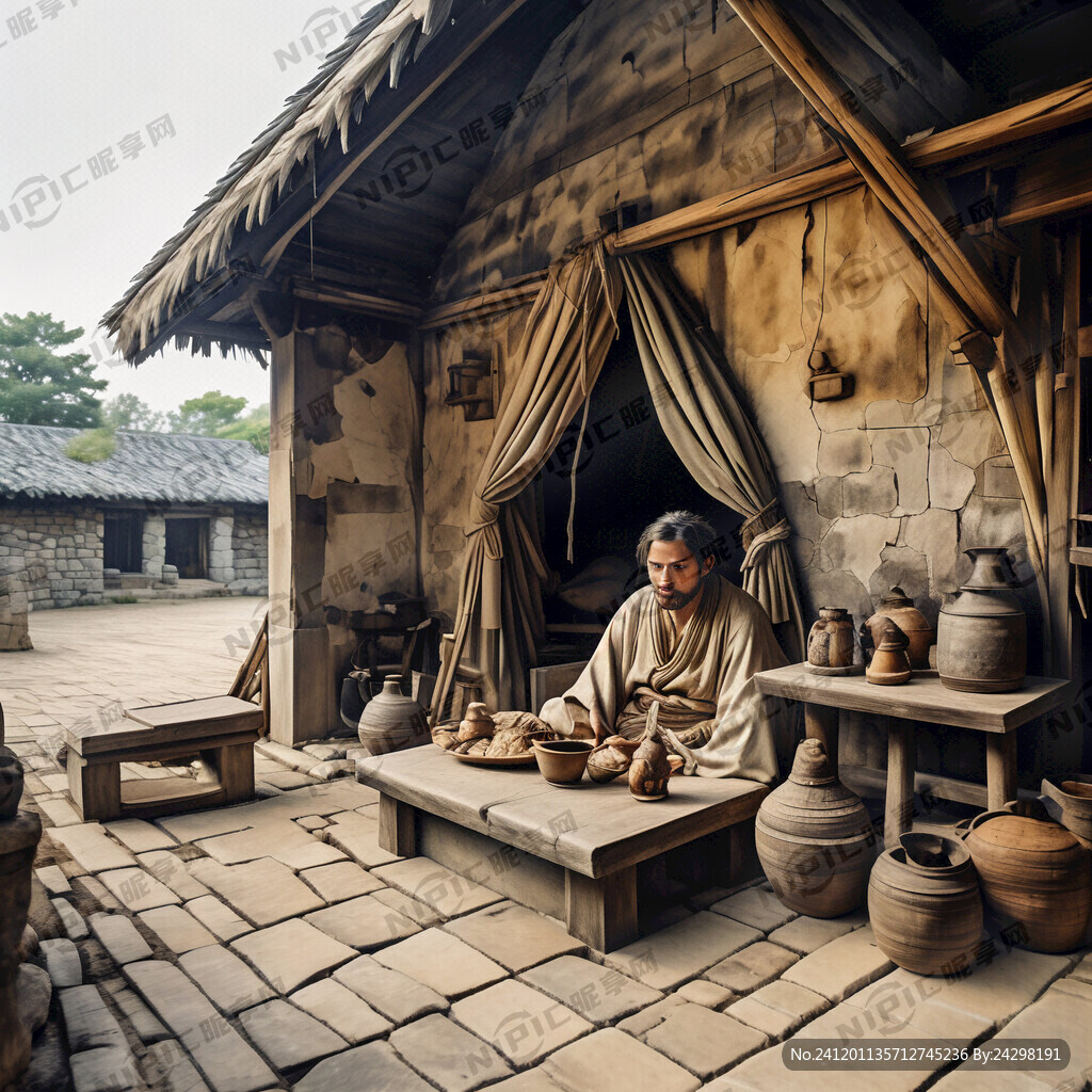 古代茅屋内
