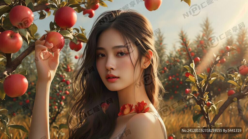 苹果树 美女 田野草地 阳光