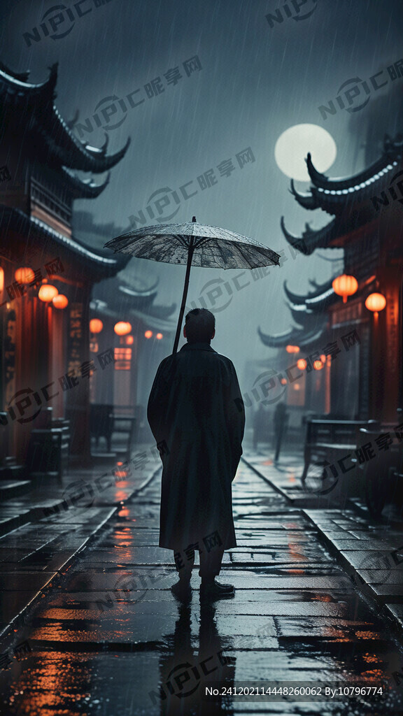 雨夜孤独的小老头背影