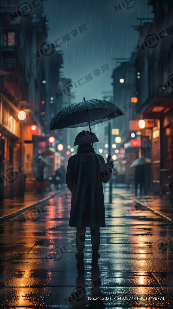 城市里雨夜孤独的小老头背影