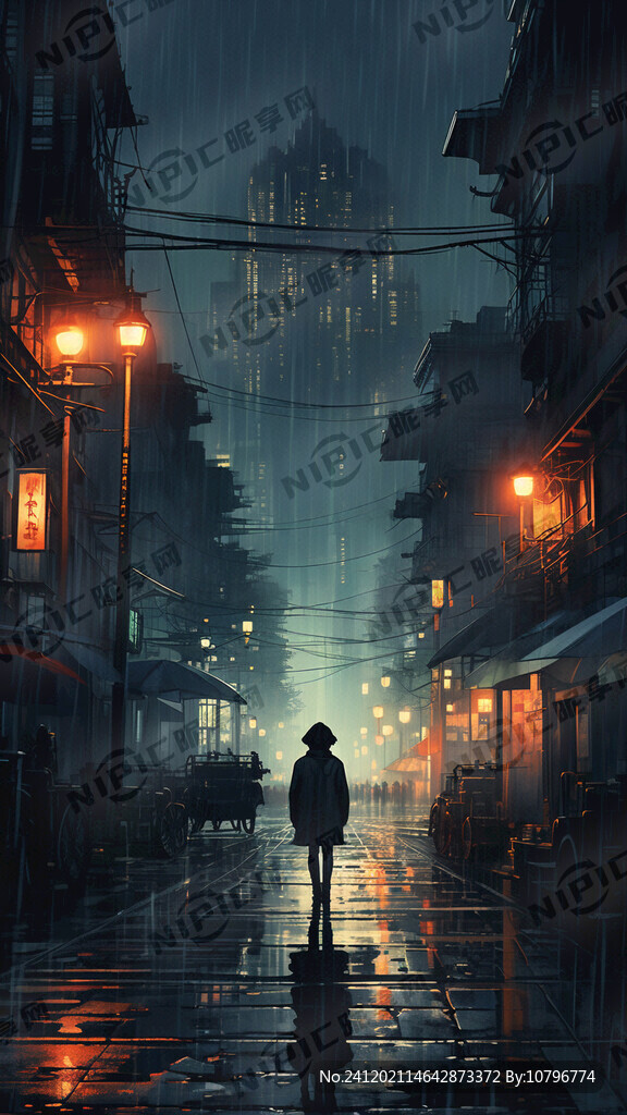 城市里雨夜孤独的背影