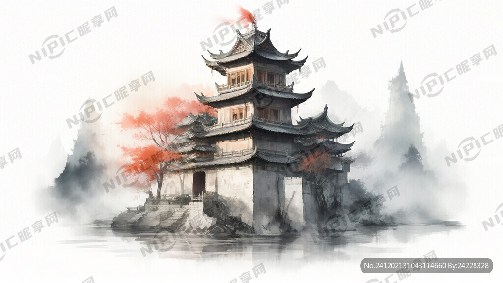 水墨风 国风 的羌楼 碉楼