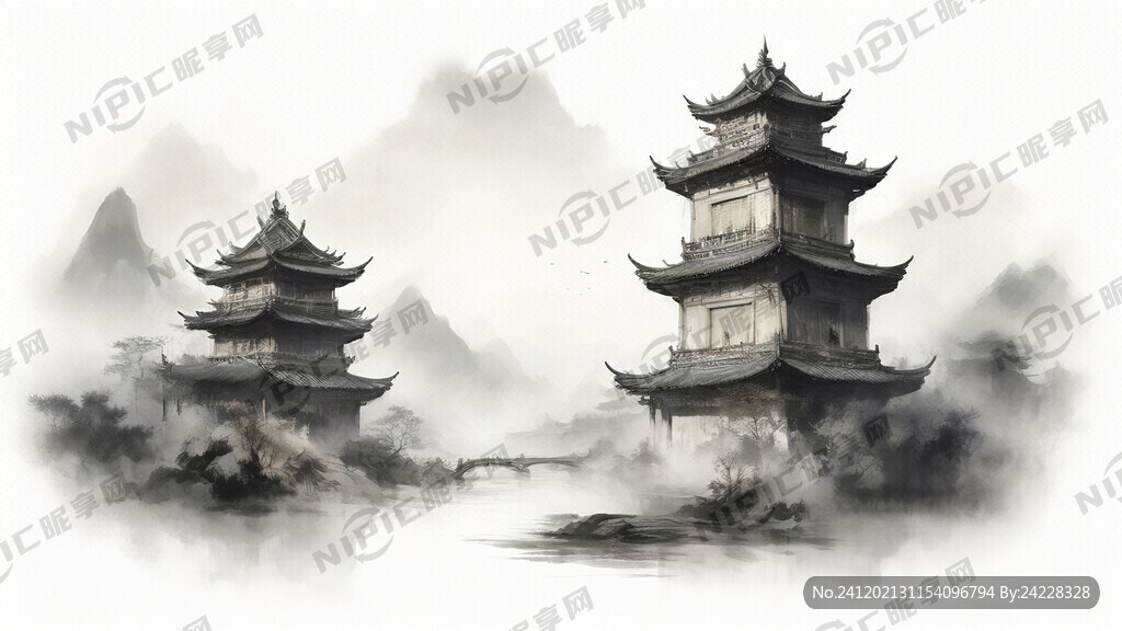 水墨风 国风 的羌族建筑碉楼