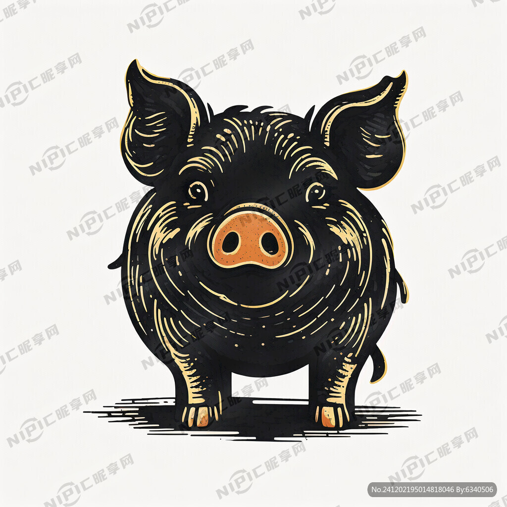 版画粗线条黑金色胖猪