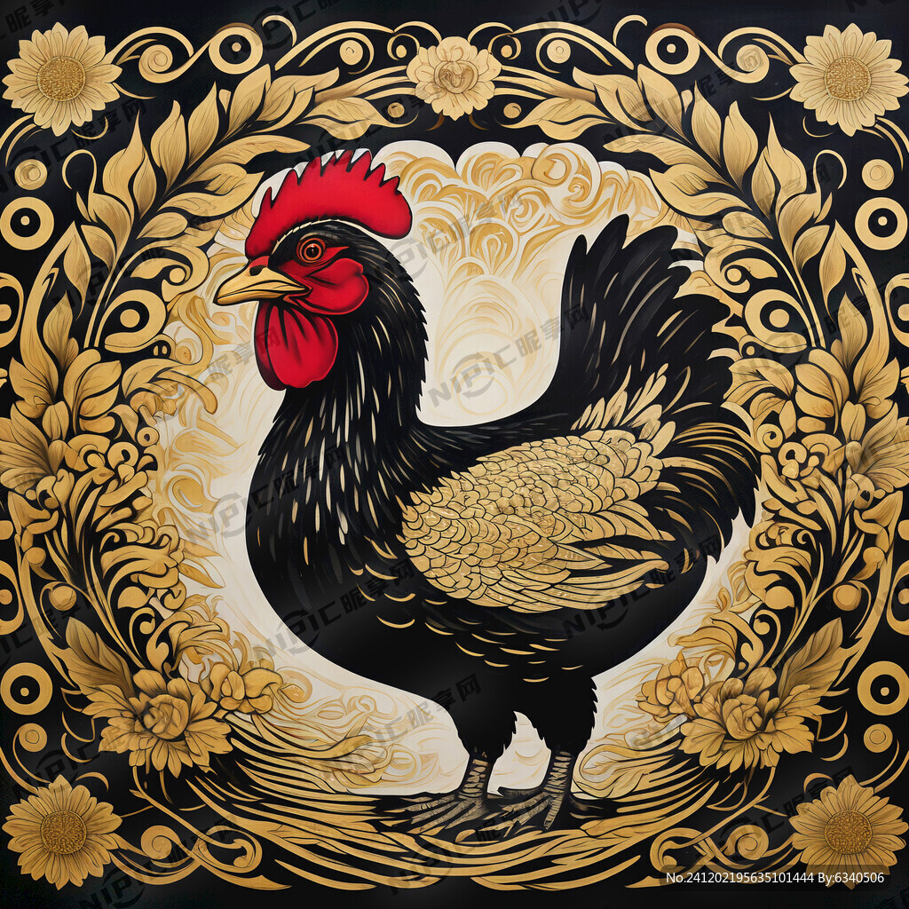 版画黑金色鸡、鸭、鹅