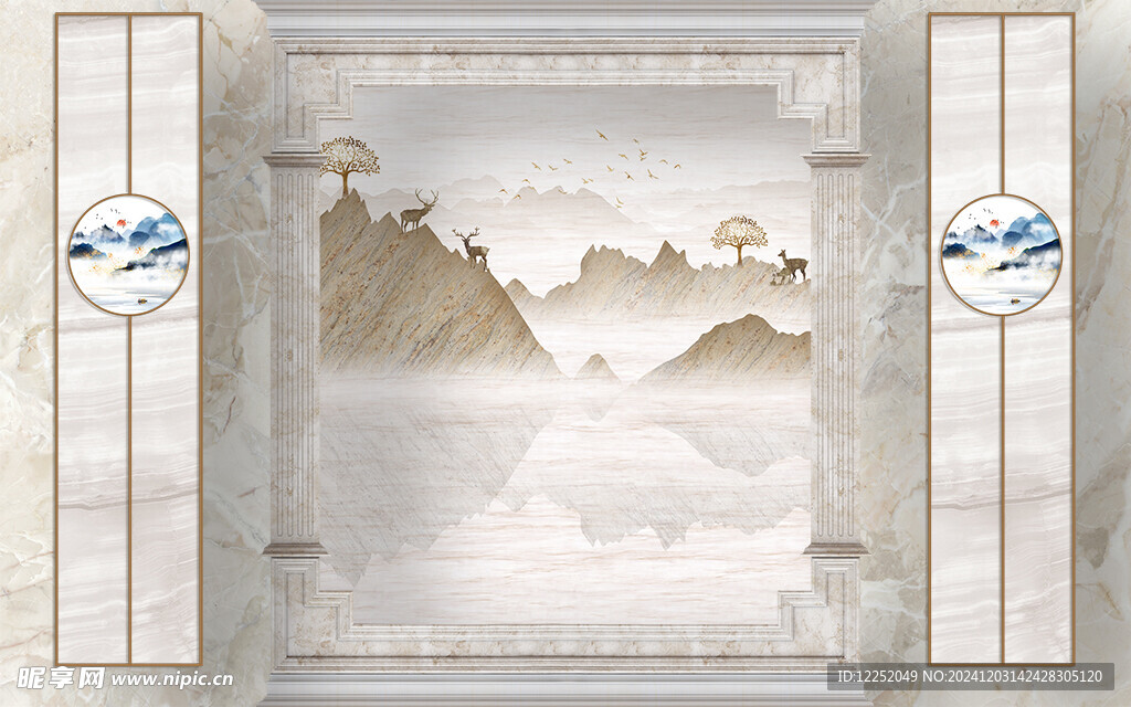 新中式 远山 壁画 护墙板