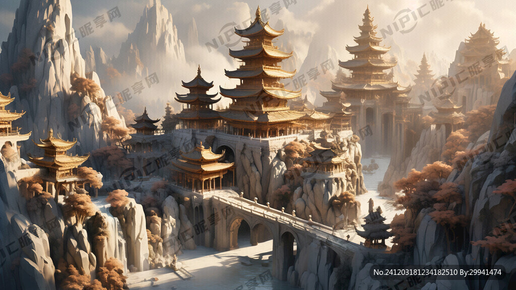 3d纸雕 山水景观 远山金塔寺