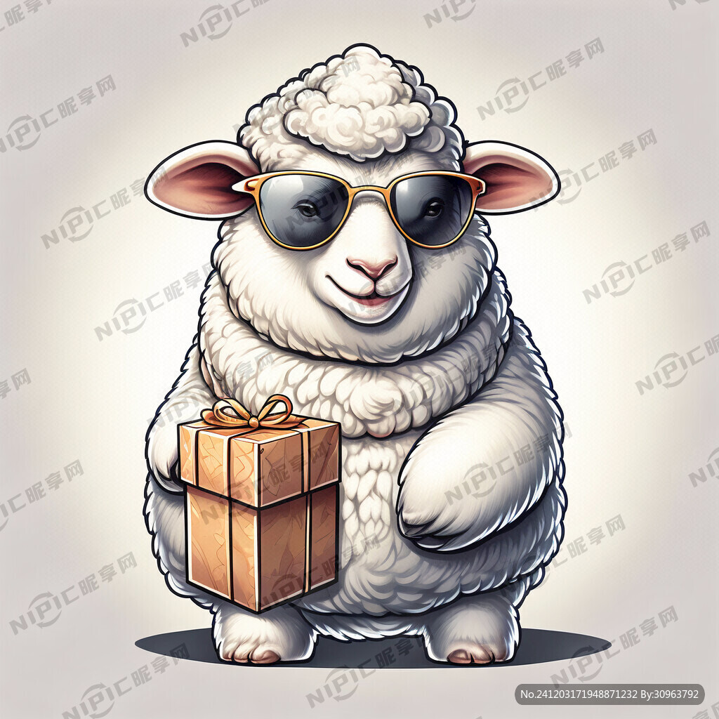 一只绵羊吉祥物戴墨镜 拿着礼盒