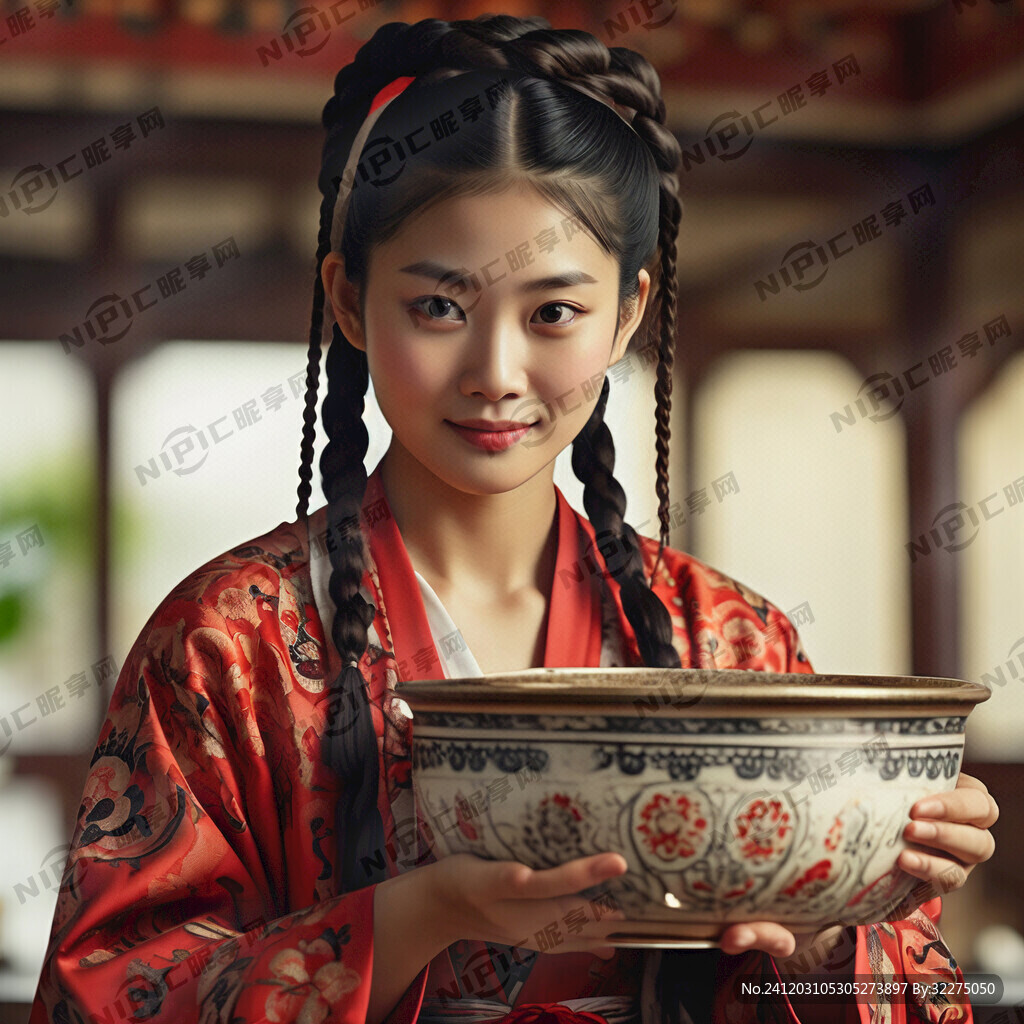 端着大碗的年轻妈妈 大辫子