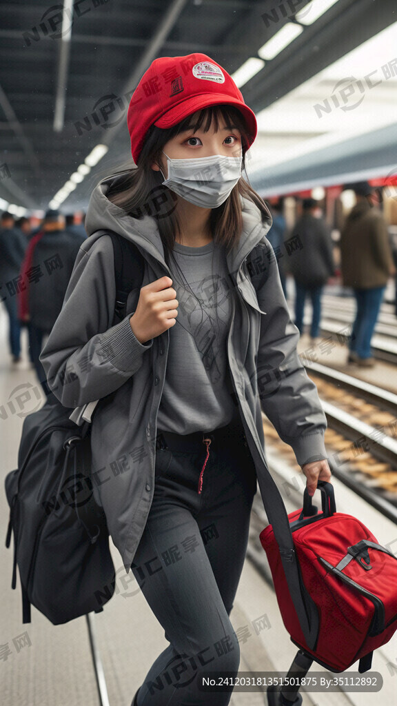 一个戴着口罩和红色鸭舌帽子
