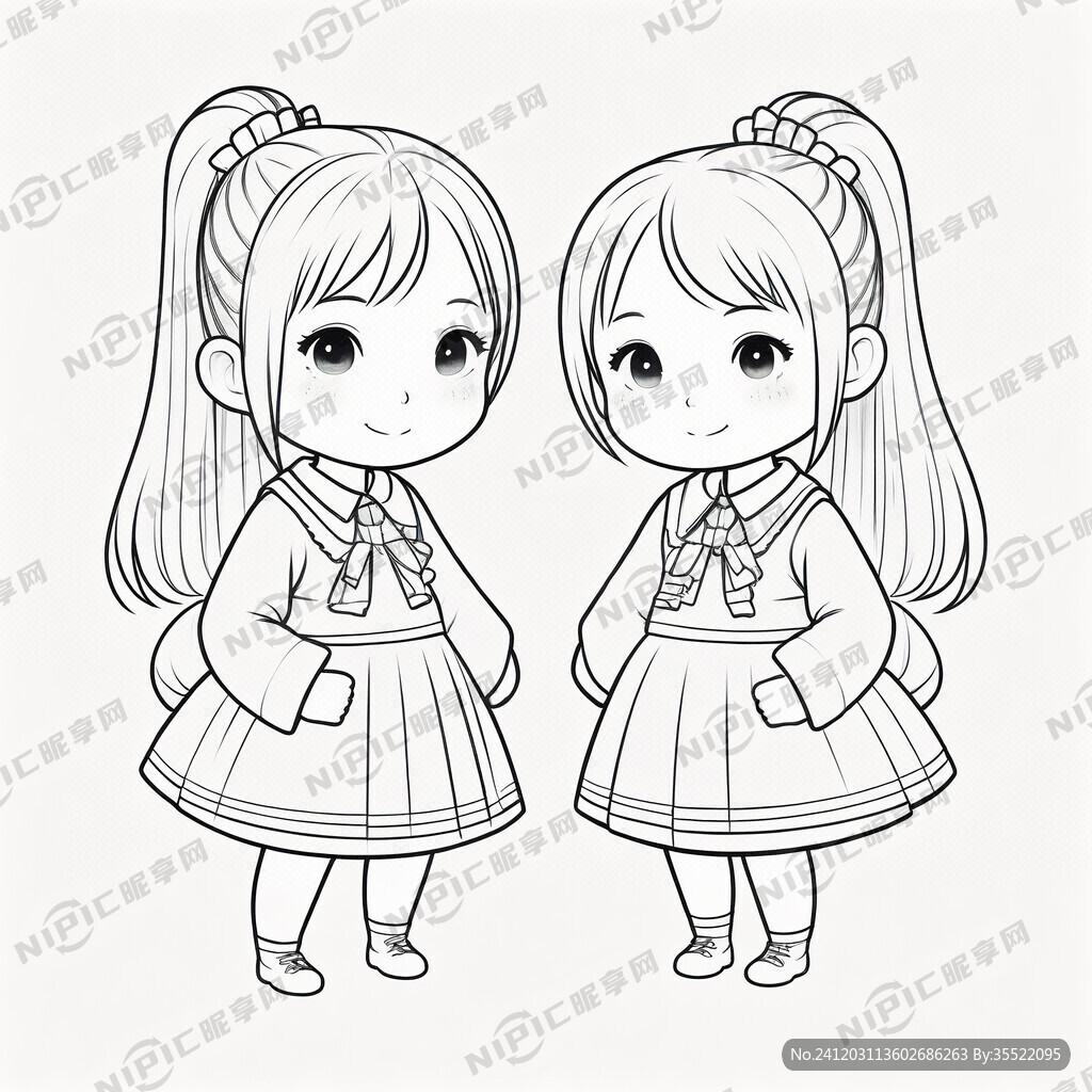 简笔画 黑白图 两位女小学生