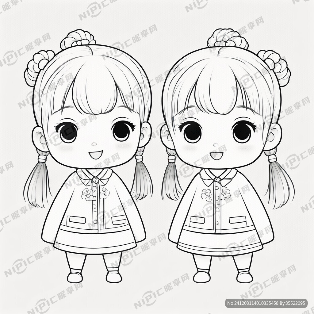 简笔画 黑白图 两位女小学生