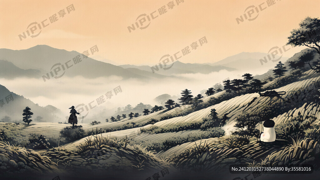 茶山 远景图 简笔画的感觉