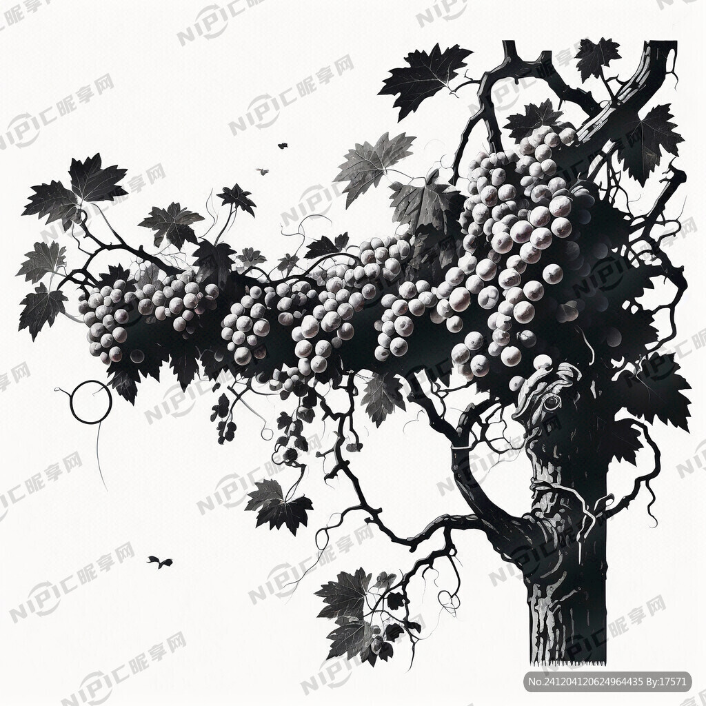 老藤葡萄树 挂满葡萄 版画效果