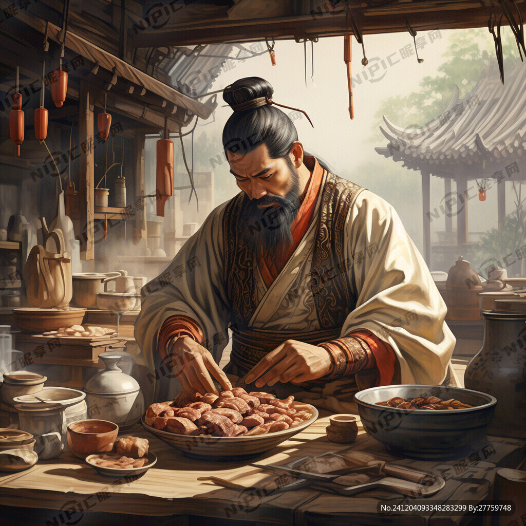 一个古代人在一张桌子旁做卤肉