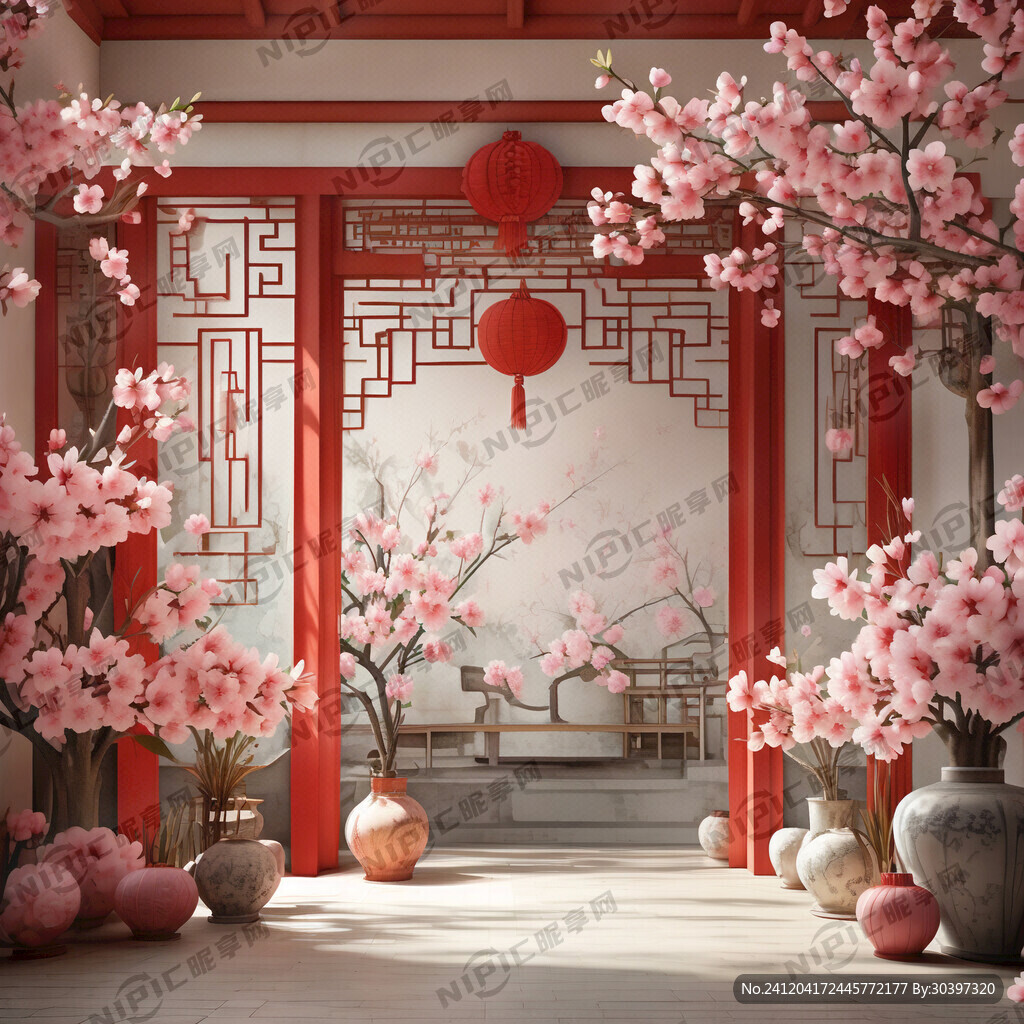 春节氛围 粉色杏花 房间内