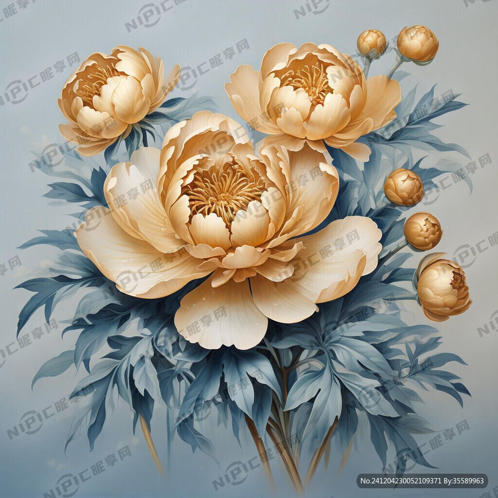 淡蓝色底 金色牡丹花