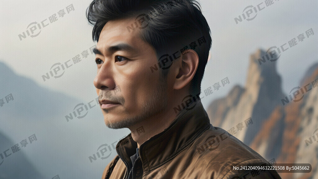 站在山顶眺望的中年男人侧面