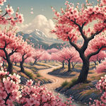 春季 桃花盛开 十里桃花 浪漫风景  插画