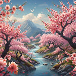 春季 桃花盛开 十里桃花 浪漫风景  插画  有山有水 有落花 蓝天白云