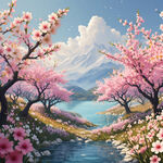 春季 桃花盛开   浪漫风景  插画  有山有水 有落花 蓝天白云  山间桃花  唯美风景 白的梨花 粉的桃花 黄色迎春花  地上蓝花