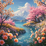 春季 桃花盛开   浪漫风景  插画  有山有水 有落花 蓝天白云  山间桃花  唯美风景 白的梨花 粉的桃花 黄色迎春花  地上蓝花 水仙 水边郁金香