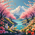 春季 桃花盛开   浪漫风景  插画  有山有水 有落花 蓝天白云  山间桃花  唯美风景 白的梨花 粉的桃花 黄色迎春花  地上蓝花 水仙 水边郁金香 姹紫嫣红   花丛猫咪  花丛小兔子