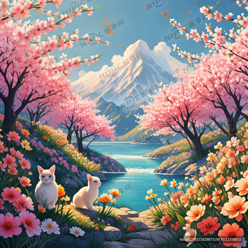 春季 桃花盛开 浪漫风景 插画