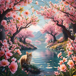 春季 桃花盛开   浪漫风  插画  有山有水 有落花 蓝天白云     唯美风景 白的梨花 粉的桃花 黄色迎春花  地上蓝花 水仙 水边郁金香 姹紫嫣红   花丛猫咪  花丛小兔子 远景  梦幻场景