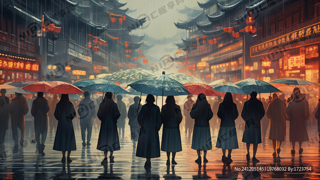 举着雨伞的人群背影